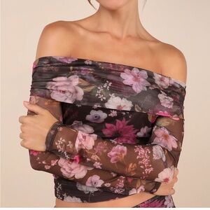 NWT Unforgettably Sweet Brown Floral Print Mesh Off-the-Shoulder Top